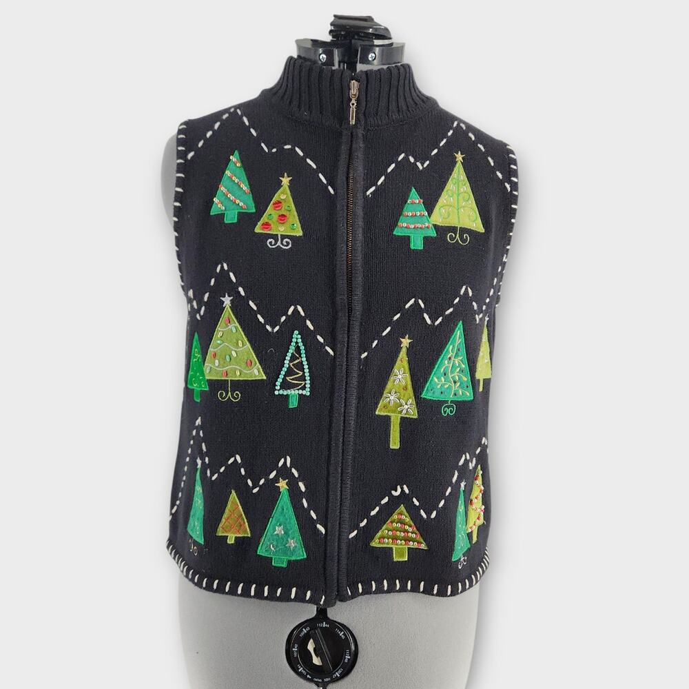 Studio Joy Knit Vest Women's PL Full zip Christmas Trees Holiday Sweater VTG